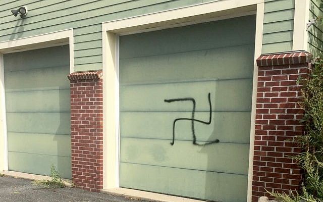 A swastika painted on  the home of a supporter of New Jersey Congressman Josh Gottheimer, September 2018. (Courtesy)