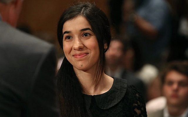 In this file photo taken on June 21, 2016, human rights activist Nadia Murad arrives at a Senate Homeland Security and Governmental Affairs Committee hearing on Capitol Hill in Washington, DC. (AFP Photo/Getty Images North America/Mark Wilson)