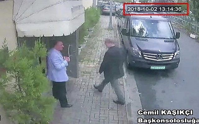 This image taken from CCTV video obtained by the Turkish newspaper Hurriyet claims to show Saudi journalist Jamal Khashoggi entering the Saudi consulate in Istanbul, October 2, 2018. (CCTV/ Hurriyet via AP)