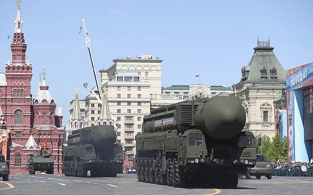 Russian strategic missiles during a Victory Day military parade to celebrate 73 years since the end of WWII and the defeat of Nazi Germany, in Moscow, Russia, Wednesday, May 9, 2018. (AP/Pavel Golovkin)
