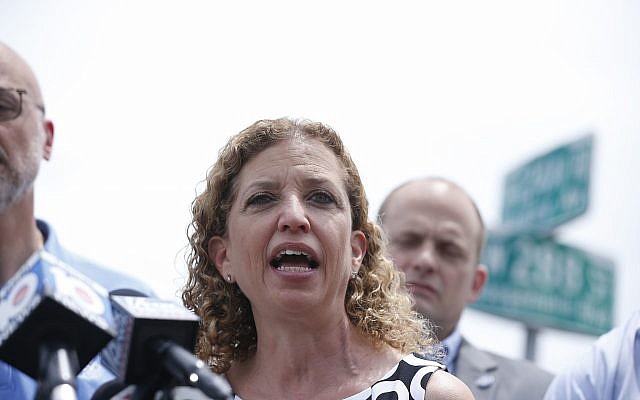 Congresswoman Debbie Wasserman Schultz, speaks during a news conference after touring in the Homestead Temporary Shelter for Unaccompanied Children, on Saturday, June 23, 2018, in Homestead, Fla. (AP Photo/Brynn Anderson)