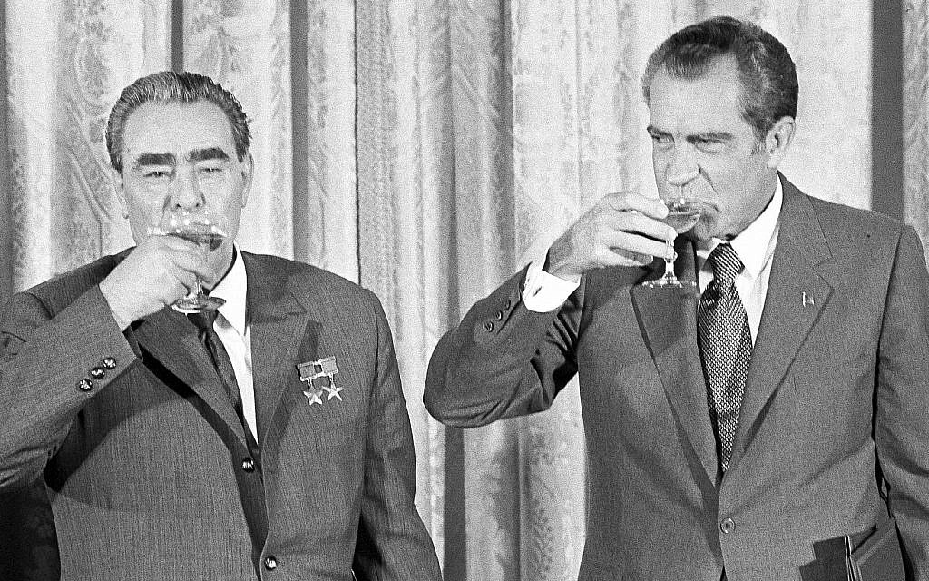 President Richard M. Nixon, right, and Soviet leader Leonid Brezhnev drink a toast at the White House in Washington, DC, June 21, 1973. The toast comes after the two leaders signed a pact to limit offensive nuclear arsenals. (AP Photo)