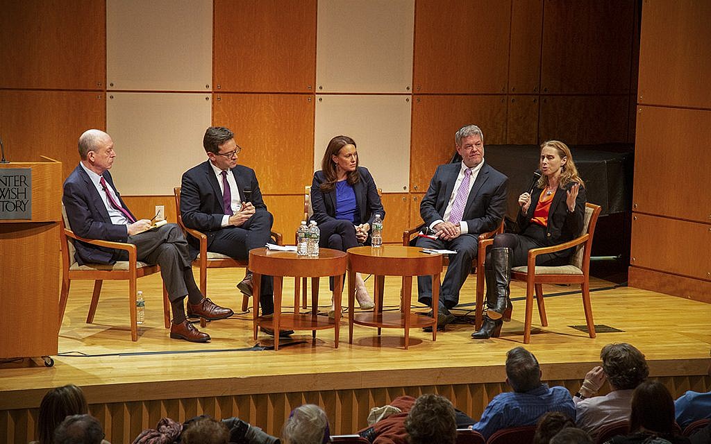 From left to right:  Clyde Haberman, veteran New York Times reporter; Julian Zelizer, Princeton University Professor of History & Public Affairs and CNN Political Analyst; Halie Soifer, Executive Director, Jewish Democratic Council of America; Jeff Jacoby, opinion columnist for The Boston Globe; Rabbi Jill Jacobs, Executive Director, T’ruah: The Rabbinic Call for Human Rights. (Cathryn J. Prince/ Times of Israel)