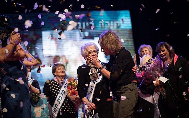 Tova Ringer, a 93-year-old Holocaust survivor, wins the "Miss Holocaust Survivor" beauty pageant in the northern Israeli city of Haifa, on October 14, 2018. (Hadas Parush/Flash90)