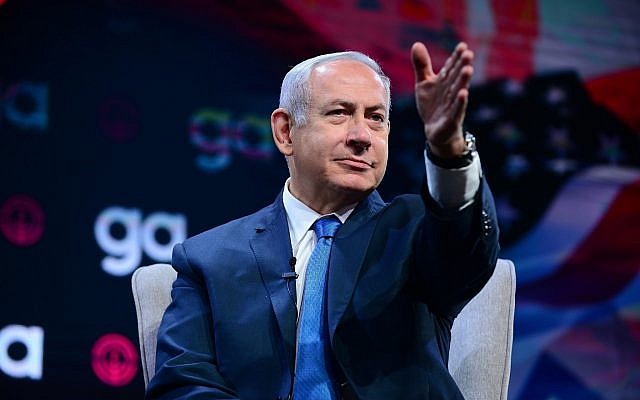 Prime Minister Benjamin Netanyahu at the US Jewish Federations' annual General Assembly, in Tel Aviv, on October 24, 2018 (Tomer Neuberg/Flash90)