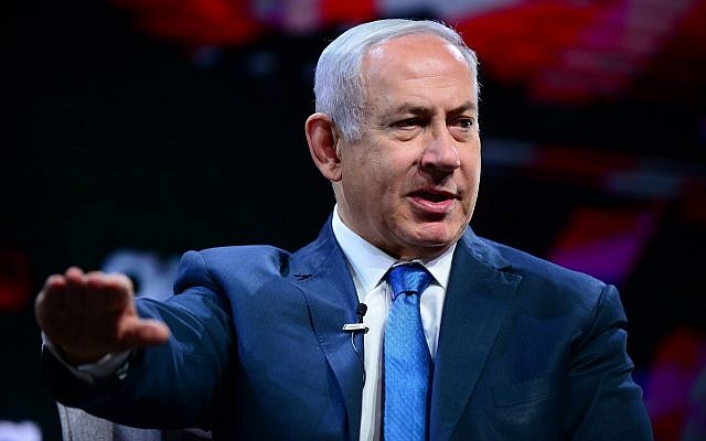 Prime Minister Benjamin Netanyahu at the Jewish federation's annual General Assembly in Tel Aviv, on October 24, 2018 (Tomer Neuberg/Flash90)