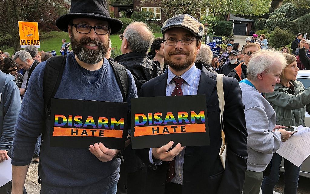 Pittsburgh natives Will Wenger (left) and Ian Price at the October 30, 2018, anti-Trump march, 'Pittsburgh Loves All Our Neighbors.' (Amanda Borschel-Dan/Times of Israel)