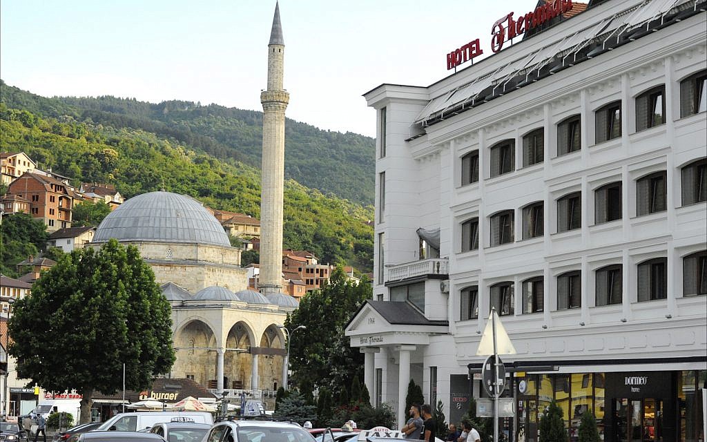 View of the Hotel Theranda next to the Sinan Pasha Mosque, an important landmark in Prizren. (Larry Luxner/ Times of Israel)