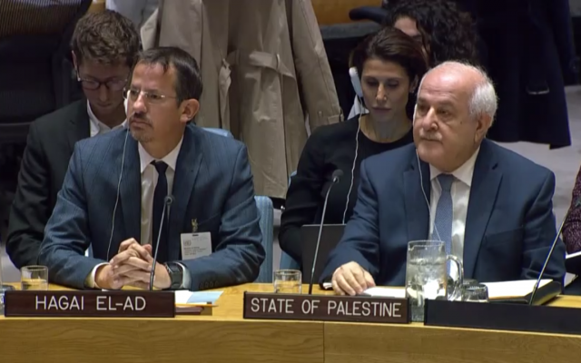 B’Tselem Executive Director Hagai El-Ad, left, next to Palestinian Ambassador to the UN Riyad Mansour, at a session of the UN Security Council, October 18, 2018. (Courtesy UN WebTv)