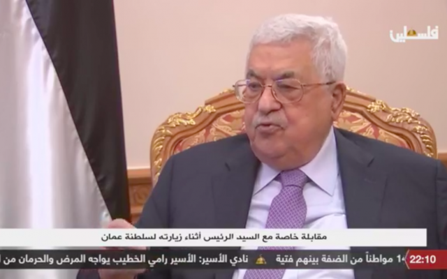 Palestinian Authority President Mahmoud Abbas speaks to Palestine TV, the official PA television station. (Screenshot: Facebook)