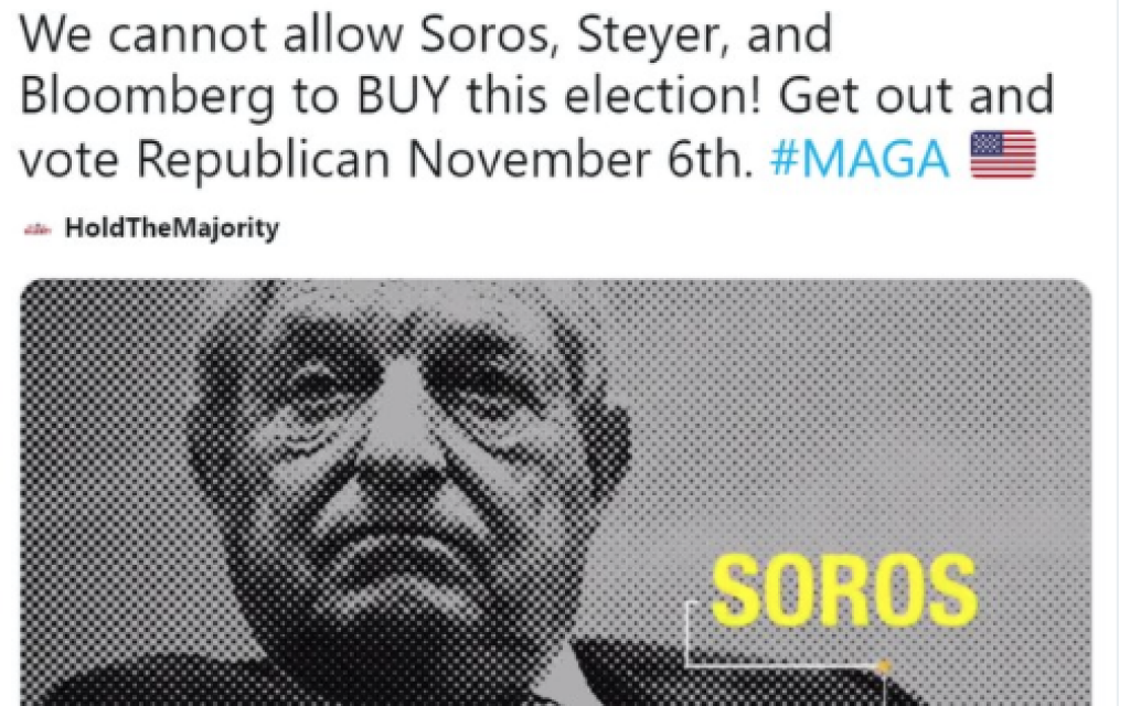 A recently deleted Tweet by Republican House Majority Leader Kevin McCarthy accusing George Soros, Michael Bloomberg, and Tom Steyer of seeking to ‘buy’ the mideterm elections. (Screenshot)