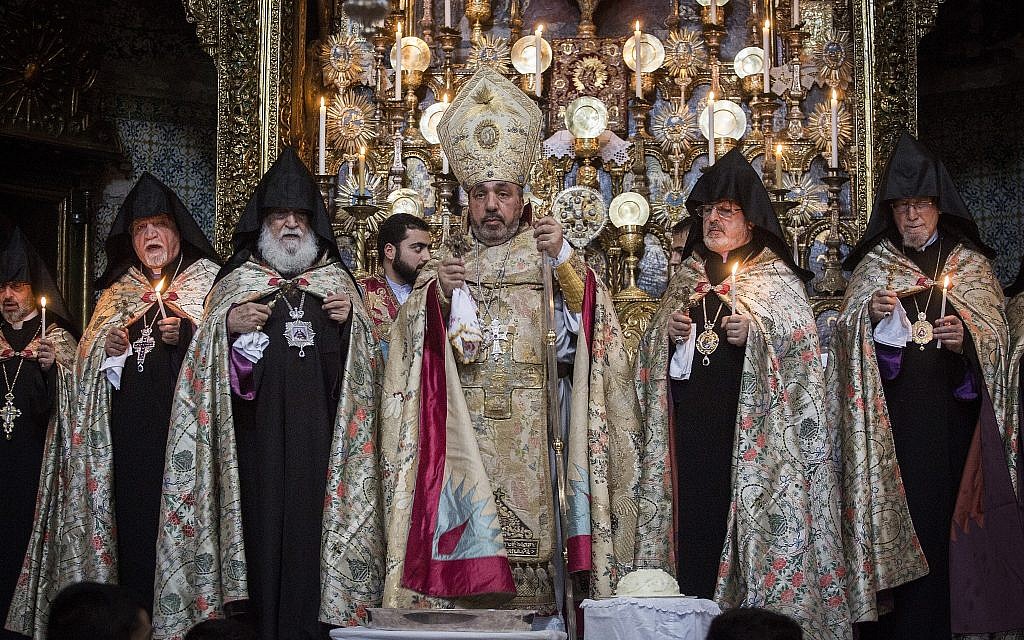 Armenian Patriarch of Jerusalem, Nourhan Manougian, and clergy members, lead the ceremony of the Washing of the Feet at the Armenian Saint James Church in the Armenian Quarter of Jerusalem's Old City, on Maundy Thursday, during Easter week, April 28, 2016. (Hadas Parush/Flash90)