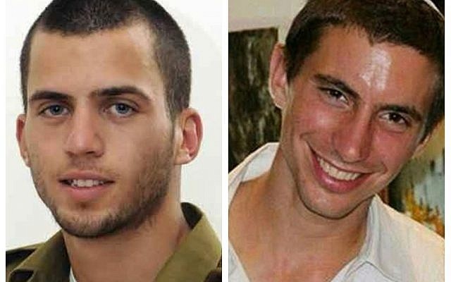 A composite photo of IDF soldiers Oron Shaul, left, and Hadar Goldin, right.