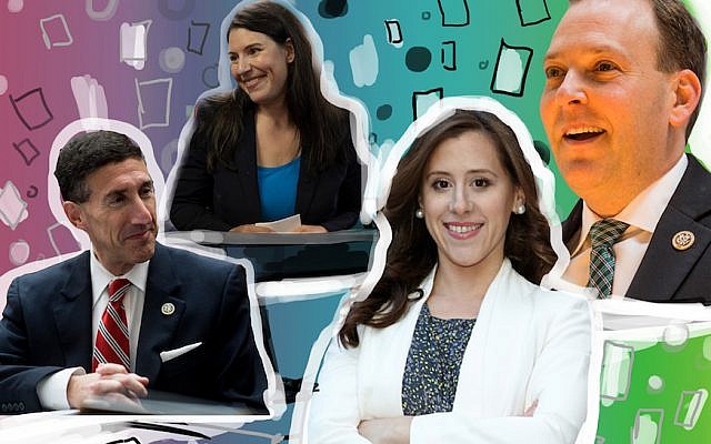 Jewish Republican Congressional candidates running in the 2018 midterms, from left: David Kustoff from Tennessee, Lena Epstein from Michigan, and Naomi Levin and Lee Zeldin from New York. ((Illustration by Lior Zaltzman/Getty Images/via JTA)