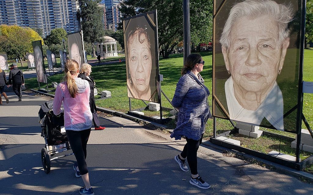 Illustrative: The Boston installation of 'Lest We Forget,' a Holocaust remembrance project centered on survivor photographs taken by Luigi Toscano, October 16, 2018 (Matt Lebovic/The Times of Israel)