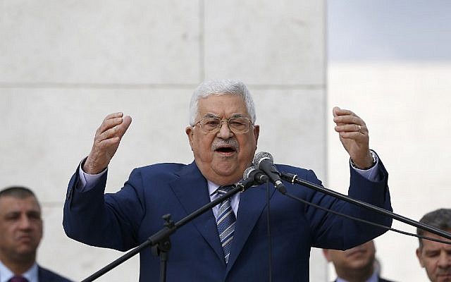 Palestinian Authority President Mahmoud Abbas gives a speech after laying a wreath at the tomb of late Palestinian leader Yasser Arafat in the West Bank city of Ramallah on November 11, 2018. (Abbas Momani/AFP)