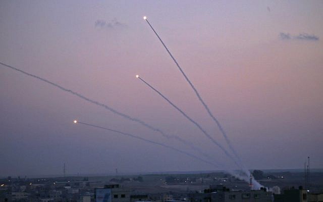 Illustrative. A picture taken from the Gaza Strip on November 12, 2018, shows missiles being launched toward Israel. (Said Khatib/AFP)