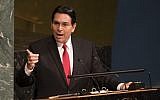 In this photo from June 13, 2018, Israel's Ambassador to the United Nations Danny Danon speaks to the General Assembly before a vote to condemn Israeli actions in East Jerusalem and the West Bank, at UN headquarters in New York. (Don Emmert/AFP)