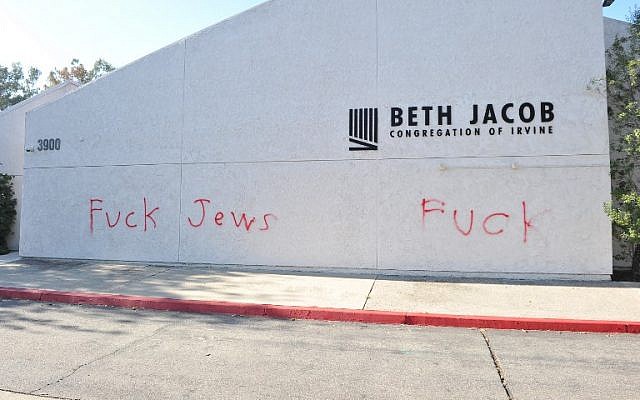 Anti-Semitic graffiti is written on the Beth Jacob Congregation of Irvine on October 31, 2018 in Irvine, California. (Allen Berezovsky/Getty Images/AFP)