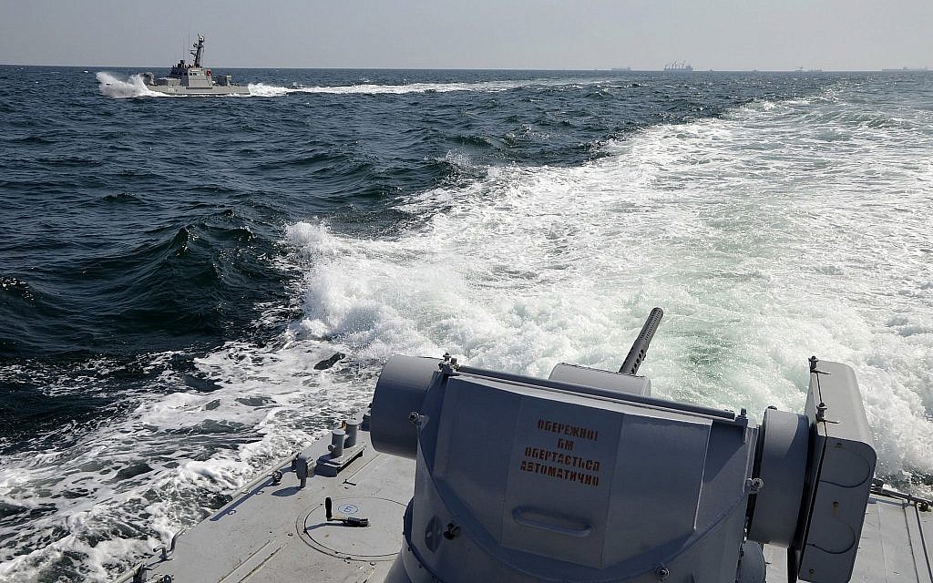 In this file photo taken and distributed by Ukrainian Navy Press Service on Sunday, Nov. 25, 2018, two Ukrainian forces navy ships are seen near Crimea. (Ukrainian Navy Press Service via AP)