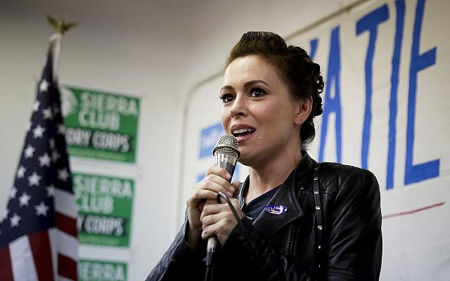 US actress Alyssa Milano speaks at a campaign event for democratic congressional candidate Katie Porter on November 6, 2018, in Tustin, California. (AP Photo/Chris Carlson)