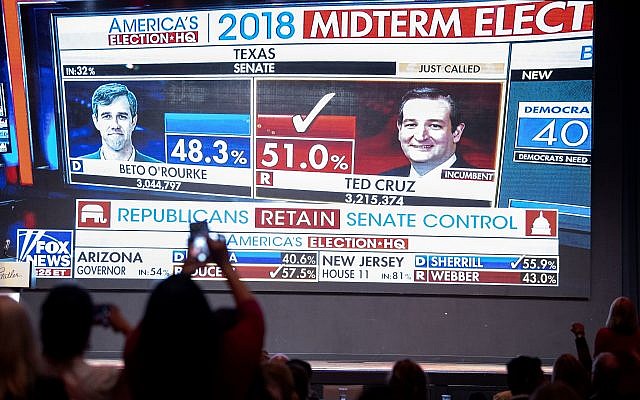 Fox News announces US Sen. Ted Cruz as the winner over Rep. Beto O’Rourke during the Dallas County Republican Party election on Nov. 6, 2018 at The Statler Hotel in Dallas. (AP Photo/Jeffrey McWhorter)