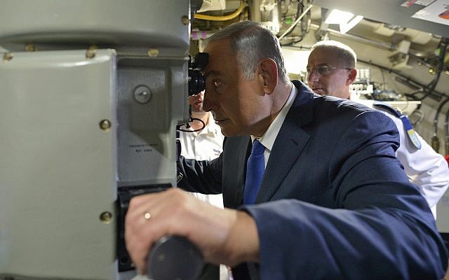 Prime Minister Benjamin Netanyahu, seen at a welcoming ceremony for a new submarine, Rahav, at the Israeli navy base in Haifa, on January 12, 2016. (Kobi Gideon/ GPO /File)