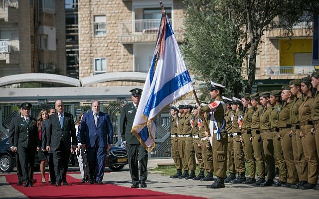 Incoming Jordanian Ambassador to Israel Ghassan Majali inspects an honor guard during a ceremony for new ambassadors at the President's Residence in Jerusalem, November 8, 2018. (Yonatan Sindel/Flash90)