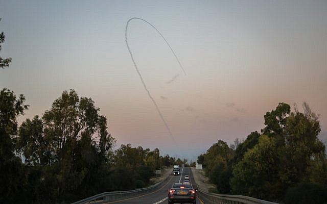 Iron Dome missiles intercept rockets from Gaza seen in the sky in Southern Israel, on November 12, 2018. (Hadas Parush/Flash90)