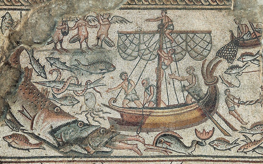 Mosaic depicting Jonah being swallowed by a fish, Huqoq synagogue. (Jim Haberman)