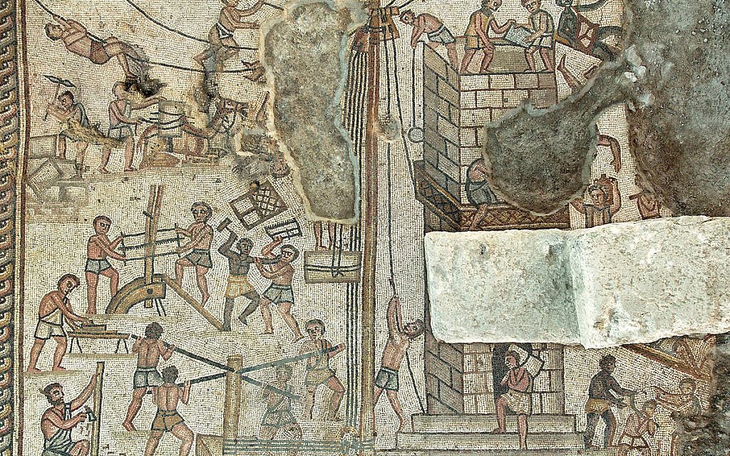 Mosaic depicting the building of the Tower of Babel, Huqoq synagogue. (Jim Haberman)