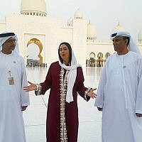 Israel's Culture and Sports Minister Miri Regev, center, visiting the Sheikh Zayed Grand Mosque in Abu Dhabi with UAE officials on October 29, 2018. (Courtesy Chen Kedem Maktoubi)