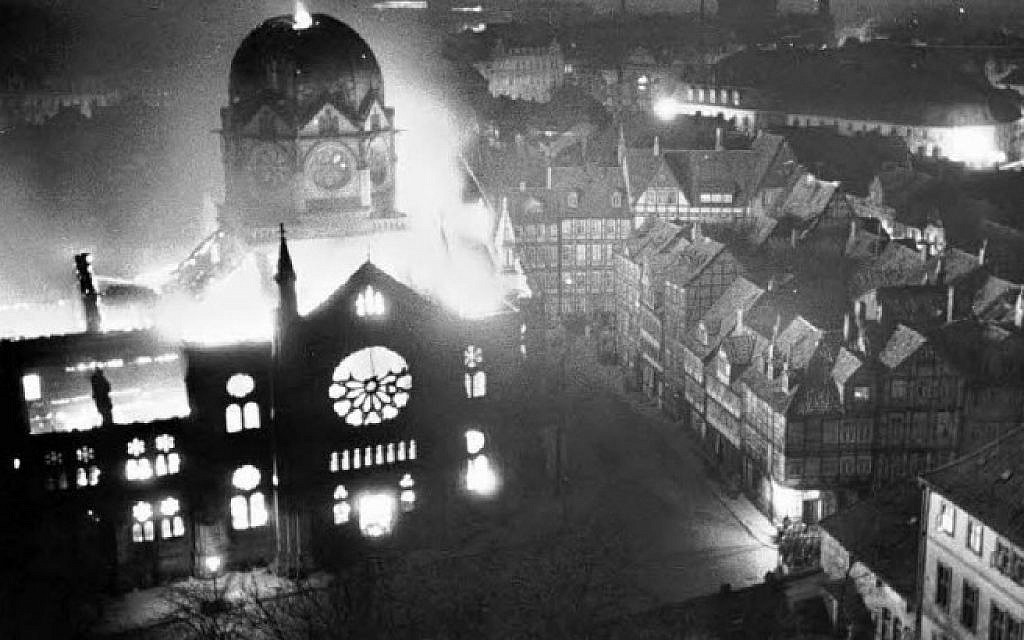 Synagogue in Hanover, Germany, set ablaze during the Kristallnacht pogrom of November 9-10, 1938 (public domain)