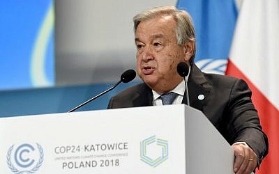 Antonio Guterres, United Nations Secretary-General delivers a speech during the opening of the COP24 summit on climate change in Katowice, Poland, on December 3, 2018. (Janek SKARZYNSKI/AFP)