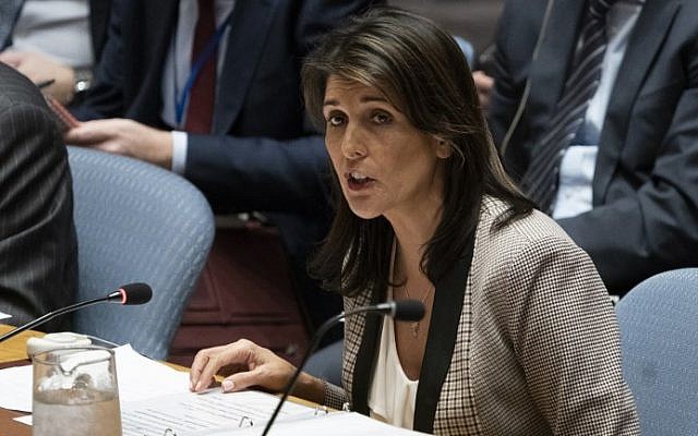 In this file photo taken on November 26, 2018,  US Ambassador to the UN Nikki Haley addresses the UNSC during a United Nations Security Council meeting on Ukraine at the United Nations in New York (Don EMMERT / AFP)