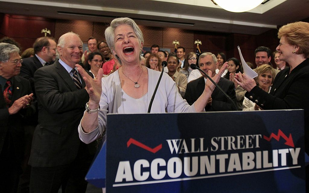 Heather Booth, executive director, Americans for Financial Reform, at podium, cheers during a news conference on Capitol Hill in Washington, July 15, 2010, to discuss financial reform legislation. (AP Photo/Alex Brandon)