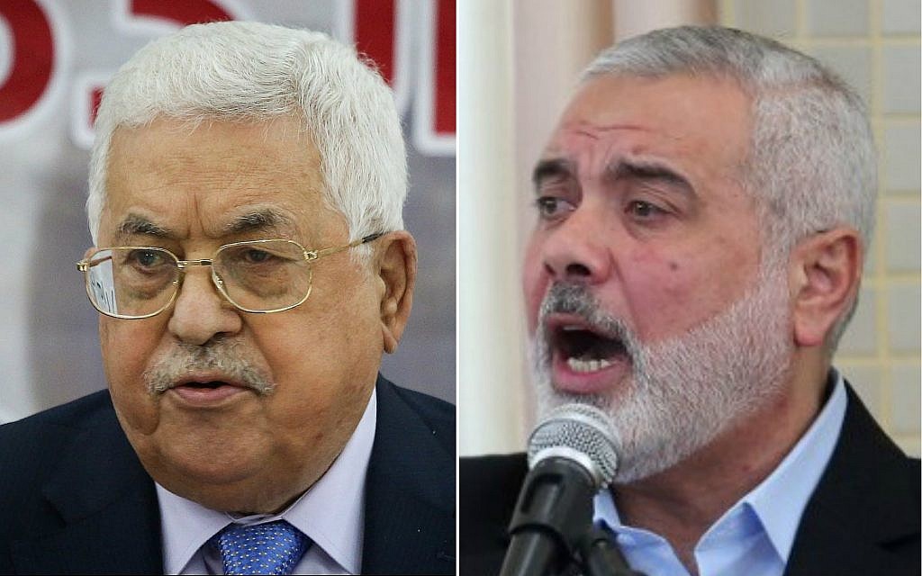 Palestinian Authority President Mahmoud Abbas (left) and Hamas leader Ismail Haniyeh (Flash90, Said Khatib/AFP)