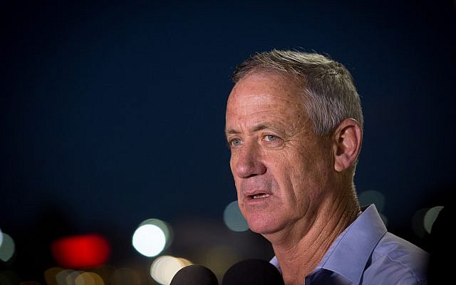 Former IDF chief of staff Benny Gantz speaks to reporters outside the Peres Center for Peace in Jaffa on September 28, 2016. (Miriam Alster/Flash90)