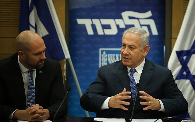 Benjamin Netanyahu leads a Likud faction meeting in the Knesset on December 17, 2018. (Hadas Parush/Flash90)