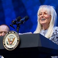 Miriam Adelson speaks at the Israeli-American Council conference in Hollywood, Florida, November 30, 2018. (Perry Bindelglass/Israeli-American Council/via JTA)