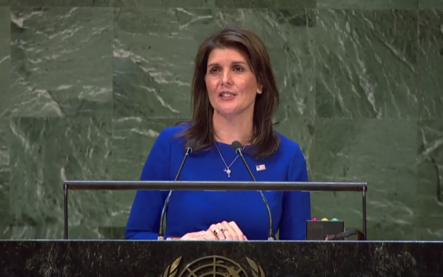 US Ambassador to the UN Nikki Haley speaks at a General Assembly debate, December 6, 2018 (screen shot UN web tv)
