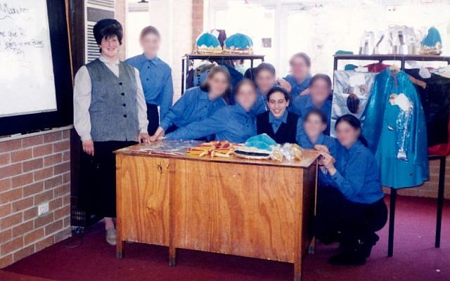 Adass Israel ultra-Orthodox girls school headmistress Malka Leifer (left) with her students, among them Nicole Meyer (center) in 2003. (Courtesy)