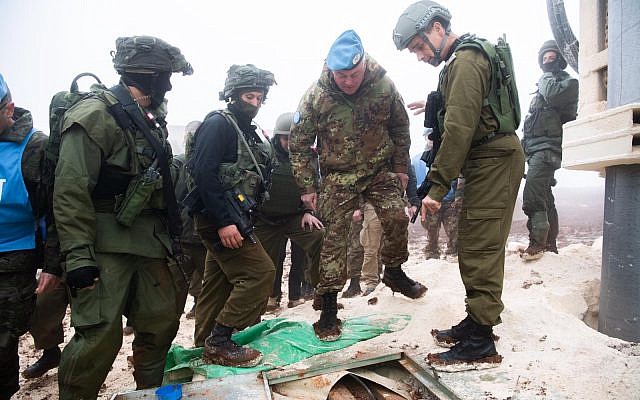 Israeli soldiers show UNIFIL commander Maj. Gen. Stefano Del Col a Hezbollah tunnel that penetrated Israeli territory from southern Lebanon, on December 6, 2018. (Israel Defense Forces)