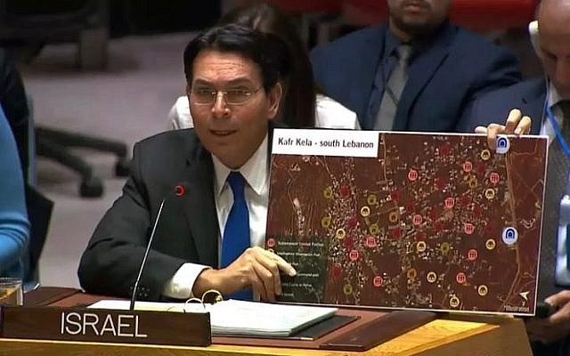 Israeli envoy Danny Danon showing a map of Lebanese town Kafr Kila with what Israel says are Hezbollah positions. (Israeli mission to the UN)