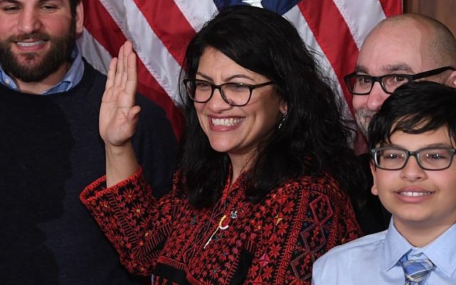 US House Representative Rashida Tlaib participates in a ceremonial swearing-in at the start of the 116th Congress at the US Capitol in Washington, DC, January 3, 2019. (SAUL LOEB/AFP)