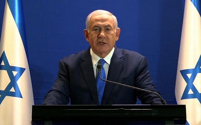 Israeli Prime Minister Benjamin Netanyahu delivering a statement live at the Prime Minister's Residence in Jerusalem, on January 7, 2019. (frame grab off video, releaed by the Likud/AFP)