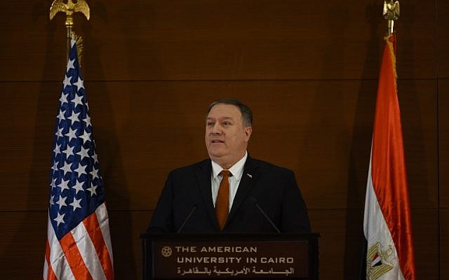 US Secretary of State Mike Pompeo speaks to students at the American University Cairo, in the eastern suburb of New Cairo, east of the capital on January 10, 2019. (ANDREW CABALLERO-REYNOLDS//AFP)