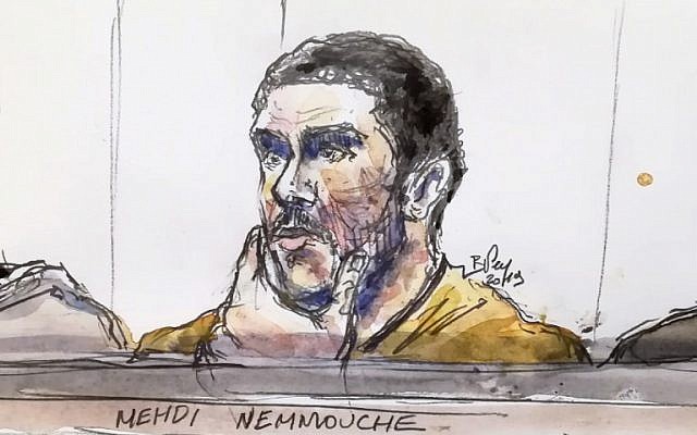 A court sketch made on January 10, 2019, shows Mehdi Nemmouche, accused of the terrorist attack at the Jewish Museum in Brussels in 2014, during his trial at the Brussels Justice Palace. (Benoit Peyrucq/AFP)