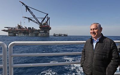 Prime Minister Benjamin Netanyahu during the inauguration of the foundation platform for the Leviathan natural gas field in the Mediterranean Sea on January 31, 2019. (Photo by Marc Israel SELLEM / POOL / AFP)