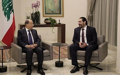 Lebanese President Michel Aoun (L) and Prime Minister Saad Hariri meet at the presidential palace in Baabda, east of the capital Beirut, on January 31, 2019. (Anwar Amro/AFP)